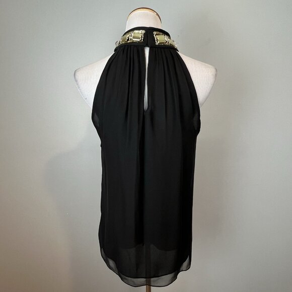 Milly New York Black Chiffon Blouse Size 8 Jeweled High Neckline Sleeveless Silk - Picture 8 of 13